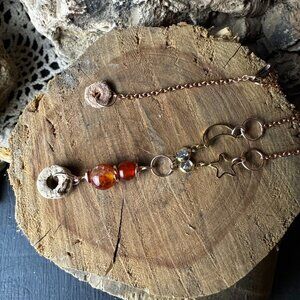 Fire Agate & Crinoid Fossil (Indian Bead) with Rose Gold Chain